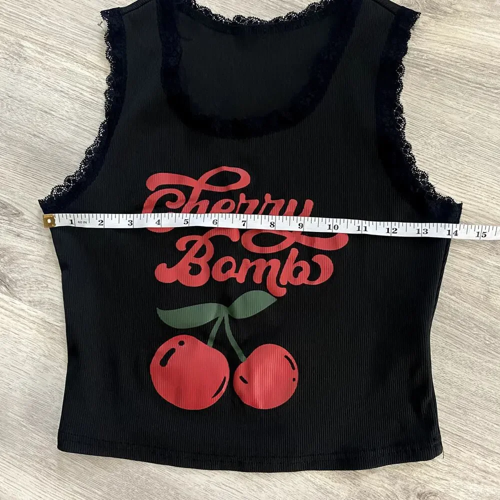 Cherry Bomb Graphic Tank Top - Coquette Lace Trim - Black & Red - Size M - Picture 5 of 7